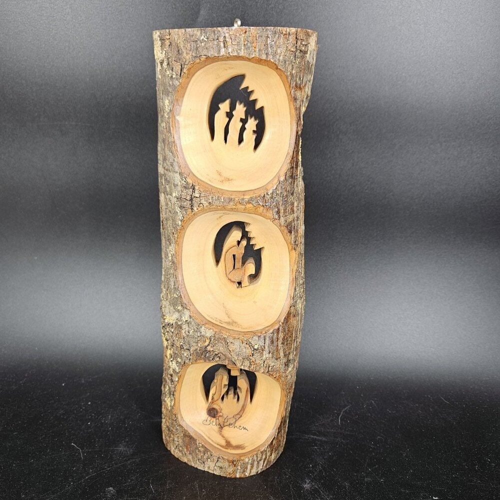 Olive Wood Nativity Scene Wall Art Hand Carved Bethlehem Signed 3 Panel 12" Tall